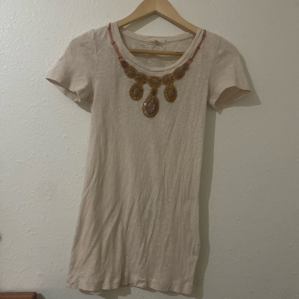 J. Crew Cream Embellished Short Sleeve Tee